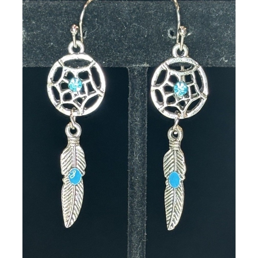 Silver Tone Dream Catcher Blue Gem Dangle Earrings, Fashion Jewelry